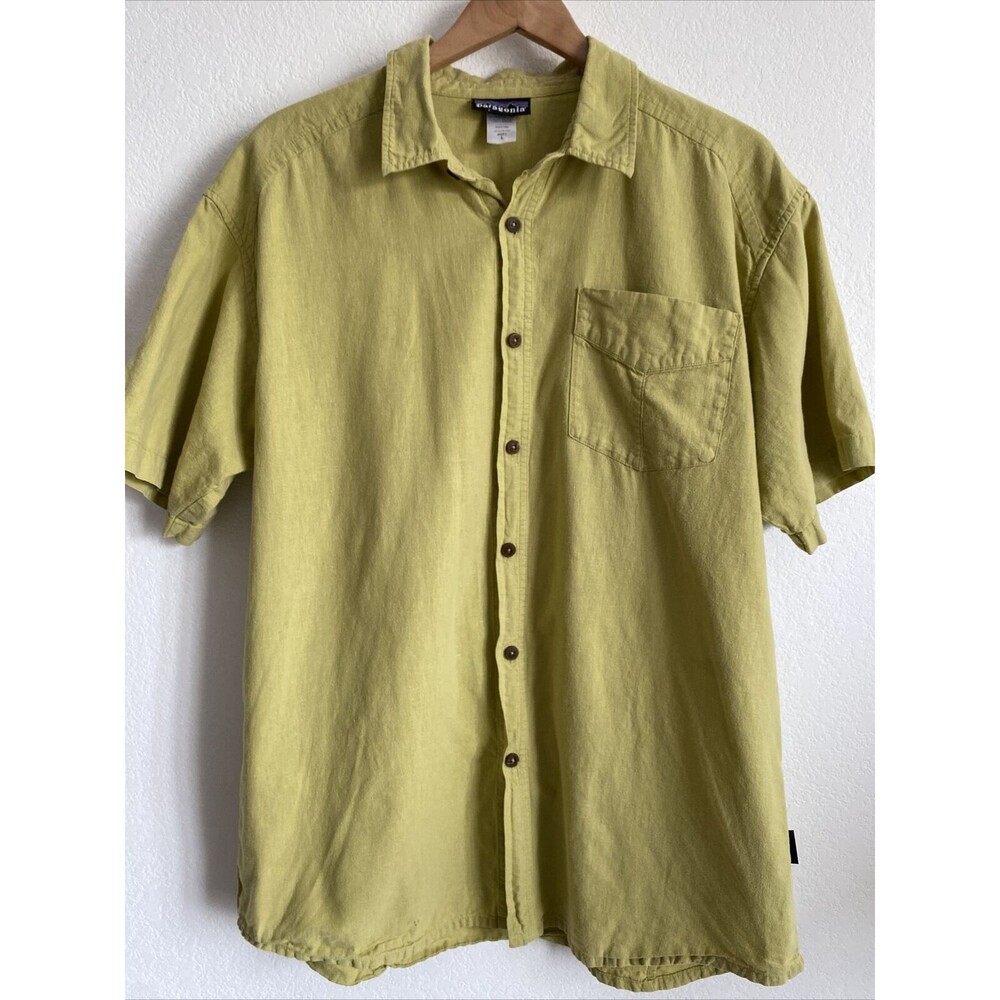 Patagonia Hemp & Organic Cotton Shirt Yellow/Green Short Sleeved Top Sz L